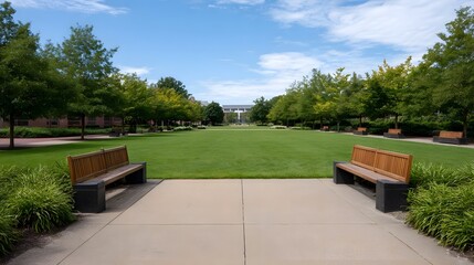 A wide green grassy quad area lined with trees featuring seating benches and paved walkways under a blue sky with clouds