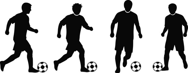 Soccer player silhouettes, ball poses, athletic motion, sports icon, black figures, dynamic stance, kicking action, teamwork, game energy, training