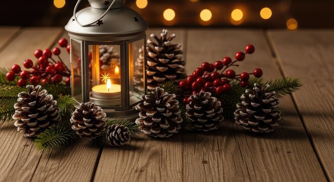 Christmas lantern with pine cones and red berries on wood