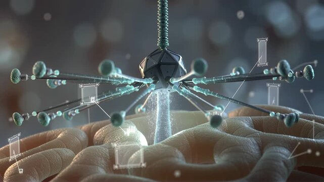 Bacteriophage landing on bacterial cell surface, tail fibers splayed for attachment, genome injection pathway shimmering as baseplate docks, with hovering force vectors and markers, macro 3D render
