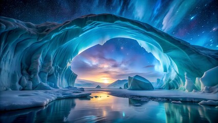 Ice cave with aurora and sunset glow