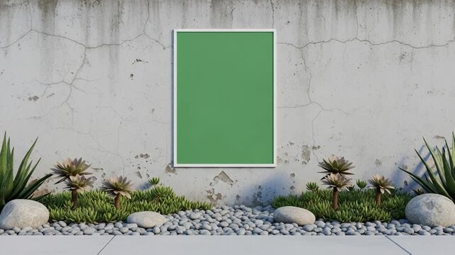 Minimalist concrete facade green poster mockups and succulent xeriscape.