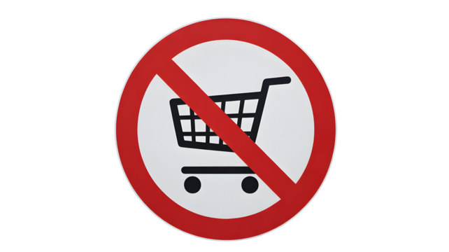 Prohibited shopping symbol for retail businesses, indicating restricted access, sales ban, or no shopping allowed, conveying a clear message of denial