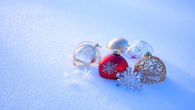 Christmas ornaments and snowflakes resting on sparkling snow