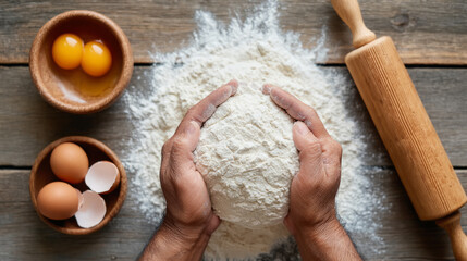 Hands preparing dough with eggs and flour on wooden surface for homemade baking