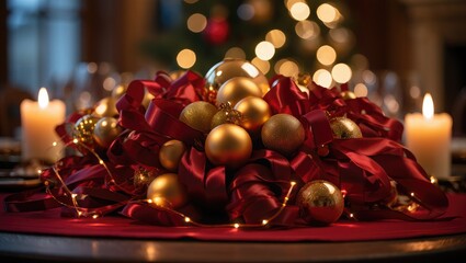 Christmas Table Centerpiece with Gold Ornaments and Red Ribbons
