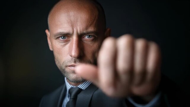 Confident businessman gesturing stop with hand, powerful expression, corporate portrait photography