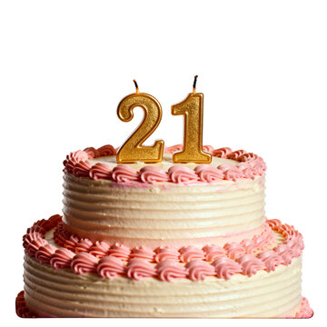 Two tier birthday cake with gold number 21 candles isolated on transparent background