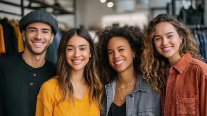 Happy friends pose for a cheerful portrait in a fashionable boutique, showcasing contemporary style and unity. The image captures authentic joy, inclusivity, and youthful energy in an urban setting