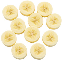 Fresh, ripe, yellow banana slices, uniform, plump, and soft, artfully arranged in groups against a transparent studio background with copy space, concept of healthy food and natural goodness