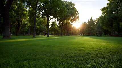 Obraz premium Sunlight streams across a lush green park lawn with mature trees at dawn