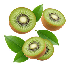 Fototapeta premium Vibrant kiwi halves, emerald flesh, black seeds, green leaves suspended on a bright white background with high-key lighting. Concept of healthy natural food