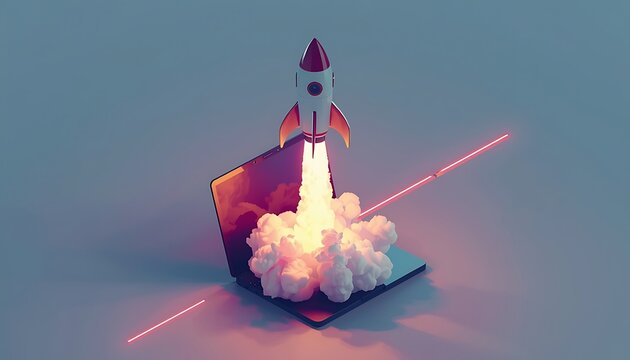 Igniting success with a rocket launch from a laptop, symbolizing innovative startups and powerful business ventures taking off in the digital age