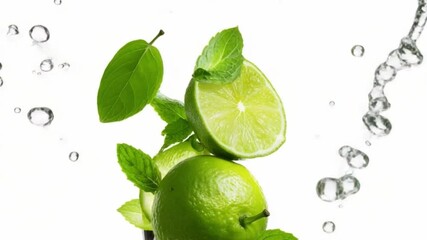 This footage captures a dynamic splash of lime and mint in water. Ideal for culinary content, drink recipes, and refreshing summer ideas. A visual treat for food enthusiasts. Generative AI