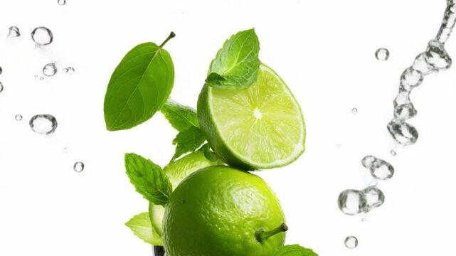This footage captures a dynamic splash of lime and mint in water. Ideal for culinary content, drink recipes, and refreshing summer ideas. A visual treat for food enthusiasts. Generative AI