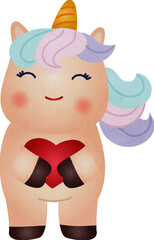 Cute Unicorn Holding a Red Heart Watercolor Hand Drawn Style