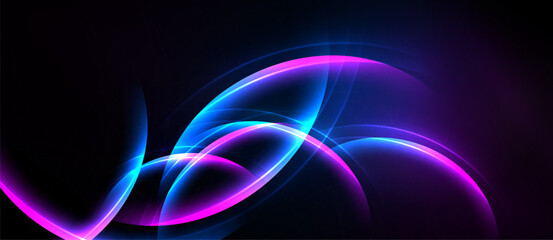 Abstract neon lines form flowing curves against dark background. Bright pink, blue hues create dynamic visual effect.