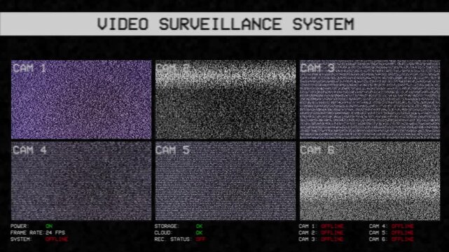 Video surveillance system screen with six cameras offline. Malfunction of CCTV cameras
