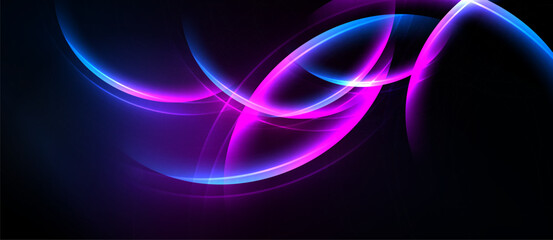 Abstract glowing lines, vibrant blue, pink hues. Dark background creates dramatic visual impact. Smooth curves suggest movement, energy.