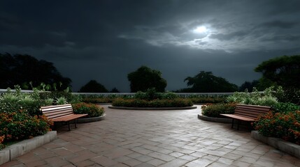A dramatic night garden with lush flower borders and empty wooden benches illuminated by ethereal moonlight breaking through a stormy cloudy sky