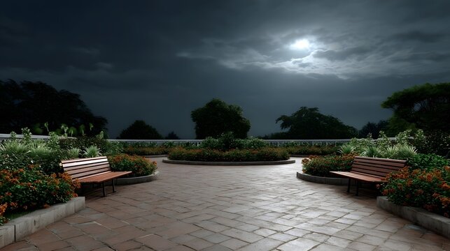 A dramatic night garden with lush flower borders and empty wooden benches illuminated by ethereal moonlight breaking through a stormy cloudy sky