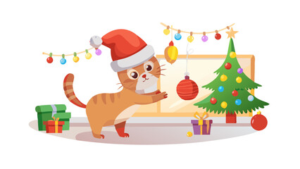 Naklejka premium Cartoon Christmas cat wearing a Santa hat playing with shiny ornaments inside a decorated holiday living room.
