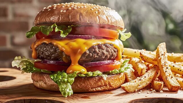 Gourmet cheeseburger with melted cheddar cheese, fresh lettuce, tomato, and red onion, served hot with a side of seasoned french fries on a rustic wooden board animated 4k video