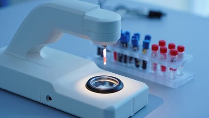 Laboratory spectroscopic area with handheld infrared device and vial rack