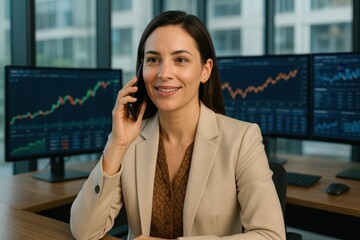 Confident Professional on the Phone: A poised professional in a modern office setting is engaged in a phone conversation, with financial charts displayed on monitors behind her.