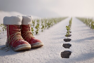 A pair of red boots sitting on a snowy path