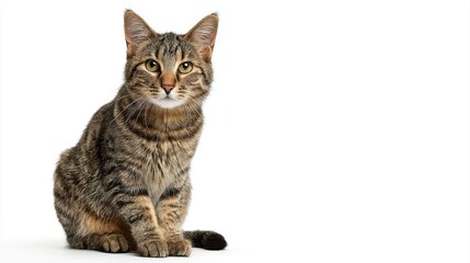 Obraz premium Studio portrait of a sitting tabby cat looking forward against a white back ground