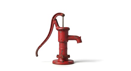 A rusty, red, antique manual water pump stands against a bright white backdrop, casting a soft shadow