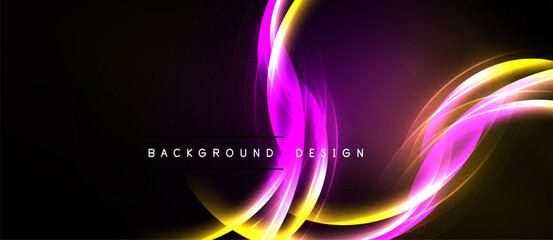 Abstract flowing lines, vibrant purple, yellow hues. Dark background creates dynamic visual effect. Modern design element.