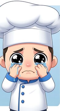 A sad, cartoon-style chef with a white hat and blue accents is crying, holding their hands to their face with tears flowing