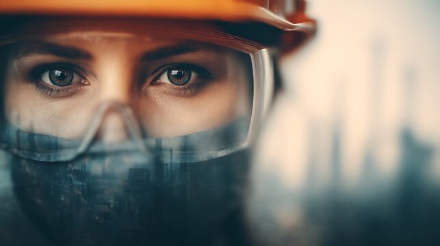 A close-up of a worker's face wearing safety gear, including goggles and a helmet, with a blurred industrial background.