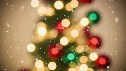 A beautiful, festive background featuring a blurred holiday tree adorned with sparkling bokeh lights in vibrant red, warm gold, and green. Gentle, magical snowflakes drift softly across the scene, cre - Powered by Adobe
