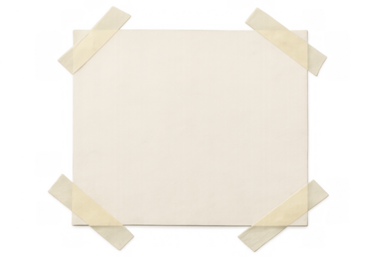 Empty square paper note taped on corners, blank reminder or message block with transparent background