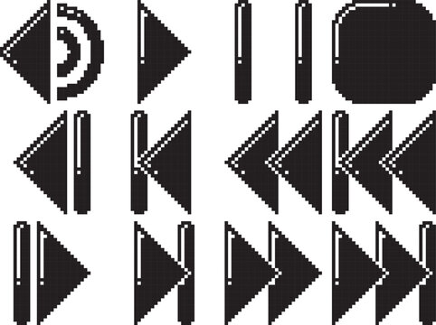 Rewind fast reverse back play stop pause volume forward fast forward next button icon highlight top left black-white vector pixel art icon