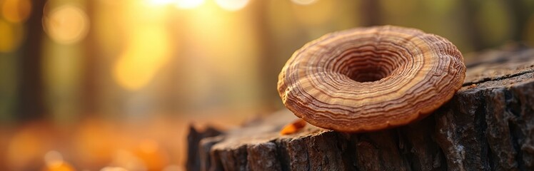 Unique brown reishi mushroom with intricate growth rings rests on weathered tree stump. Golden sunlight filters through dense forest trees, creating soft, warm bokeh background. Wild fungus