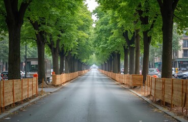 City street view along green trees avenue. Asphalt road protected by wooden fences. Urban scene with straight way, architecture. Transport cars parked near trees row in town.