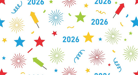 Collection of small festive icons including 2026, stars, and fireworks on Christmas white new year celebration