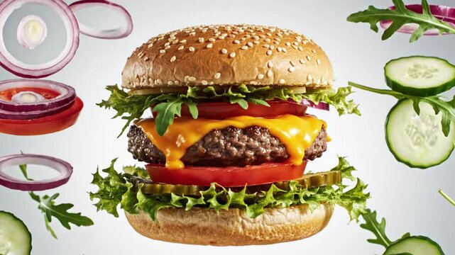 Floating deconstructed cheeseburger with fresh ingredients juicy beef patty, melted cheese, tomatoes, lettuce, pickles, red onion, and cucumber slices animated 4k video