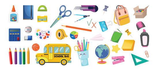 Cute school stationery. Set of school bags with books and pencils. © Gold Graphic
