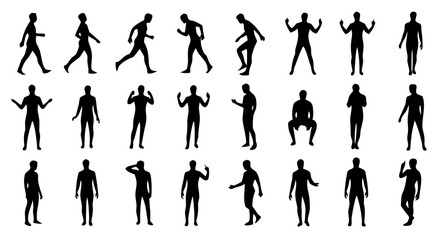 Black Silhouette Man Model Sheet Icon Set – 20 High Quality Vector Designs