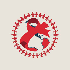 Minimal World AIDS Day Illustration Bundle Featuring Red Ribbon Icons, People Silhouettes, Hands, City Skyline, and Health Support Symbols