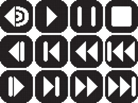 Rewind fast reverse back play stop pause volume forward fast forward next button icon bold white detail in button black-white vector pixel art icon