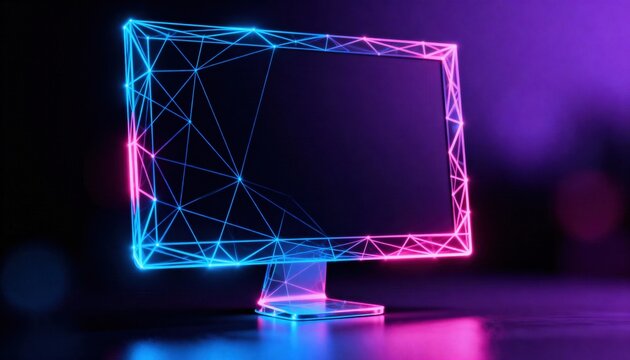 Glowing neon computer monitor with a futuristic plexus network frame. Abstract digital display with blue and pink light on a dark background. Blank screen for copy space