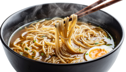 Steaming Hot Bowl of Rich Ramen Noodles with Chopsticks Lifting a Portion