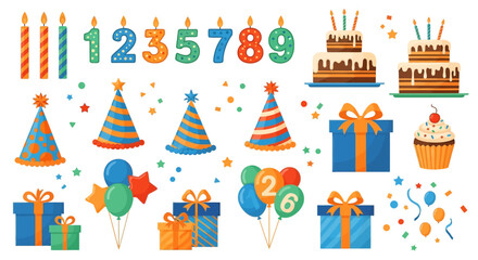 Birthday celebration elements including cakes, candles, gifts, and party hats, perfect for festive invitations and decorations