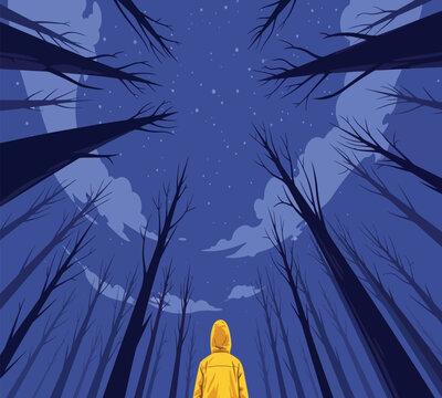 Illustration of a person in a yellow hoodie looks up at the starry night sky, framed by tall, dark trees in a forest, conveying a sense of wonder and contemplation